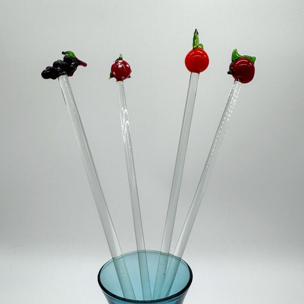 Set 4 Swizzle Sticks Handblown Glass Fruits Collectible Barware Drinks Cocktails